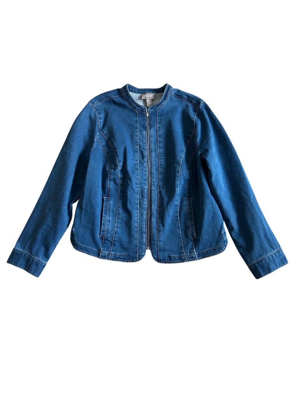 Chicos Womens Sz Medium Denim Jacket With Zip Closure Cotton Blend Blue